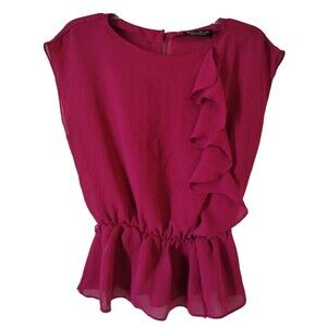 Billy Jack For Her Shirt Women's S Fuchsia Pink Ruffled Cap Sleeve Chiffon Sheer